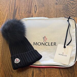 Moncler Black Knit Beanie with Black Pom-Pom